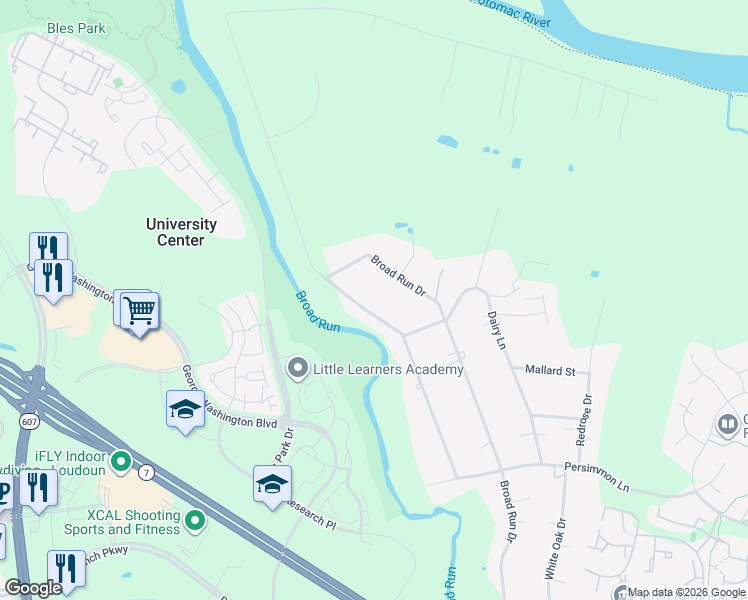 map of restaurants, bars, coffee shops, grocery stores, and more near 20134 Youngs Cliff Road in Sterling