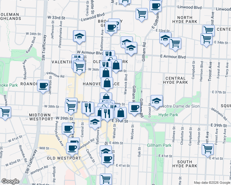map of restaurants, bars, coffee shops, grocery stores, and more near 3701 Main Street in Kansas City