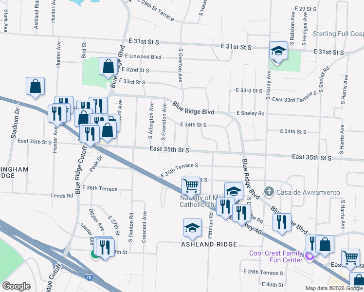 map of restaurants, bars, coffee shops, grocery stores, and more near 3411 Overton Terrace in Independence