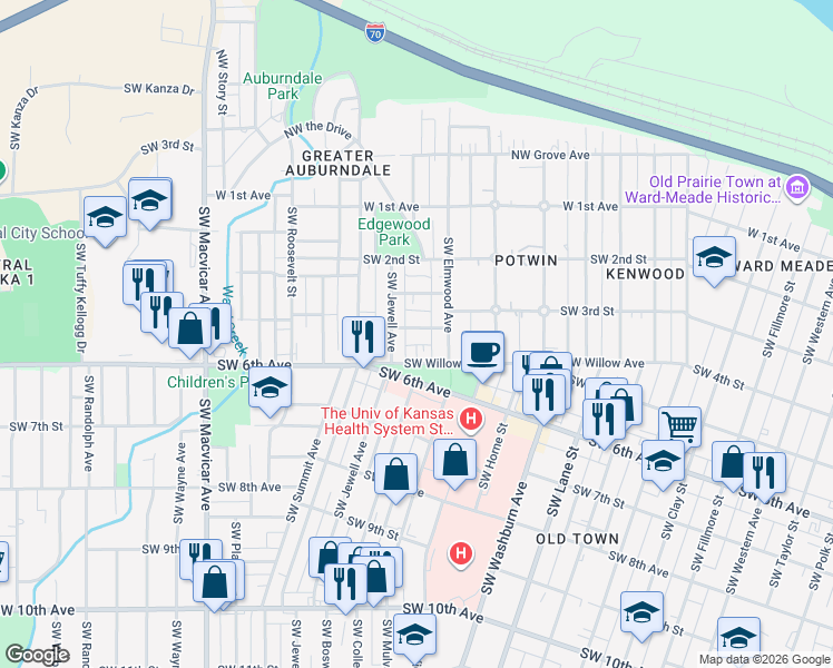 map of restaurants, bars, coffee shops, grocery stores, and more near 346 Southwest Jewell Avenue in Topeka