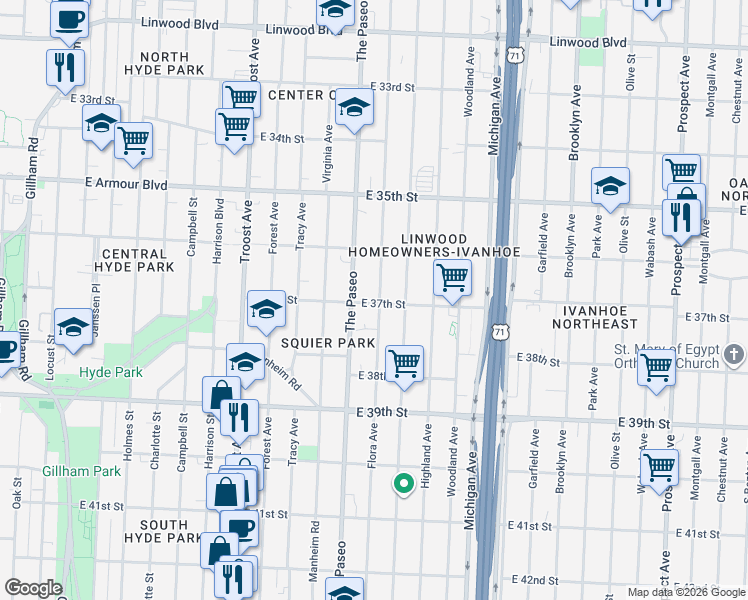 map of restaurants, bars, coffee shops, grocery stores, and more near 3629 Flora Avenue in Kansas City