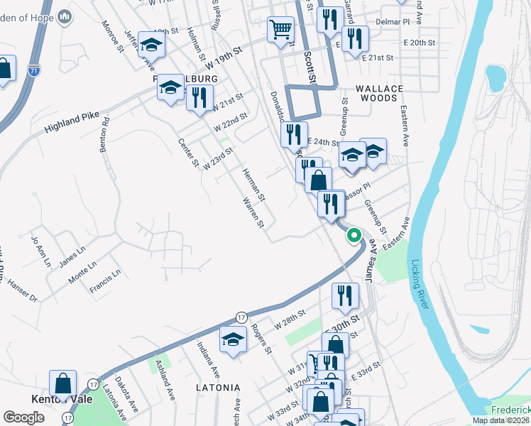map of restaurants, bars, coffee shops, grocery stores, and more near 2503 Herman Street in Covington