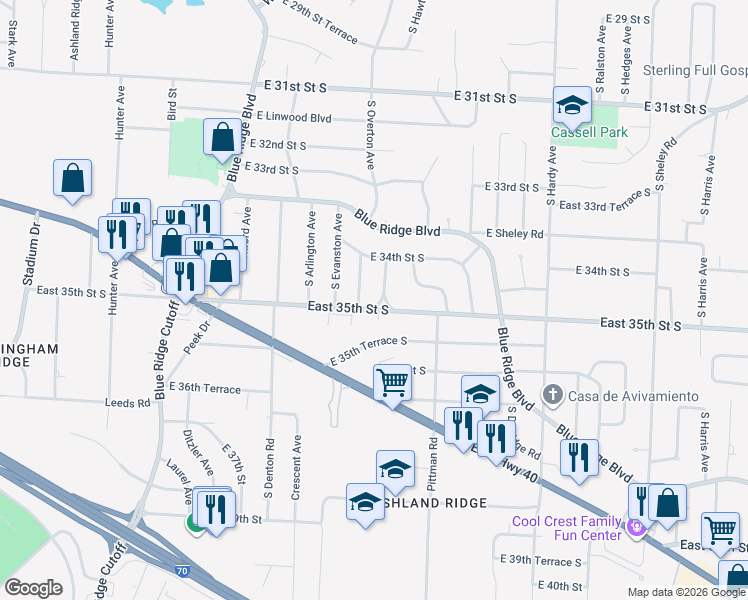 map of restaurants, bars, coffee shops, grocery stores, and more near 3411 Overton Terrace in Independence