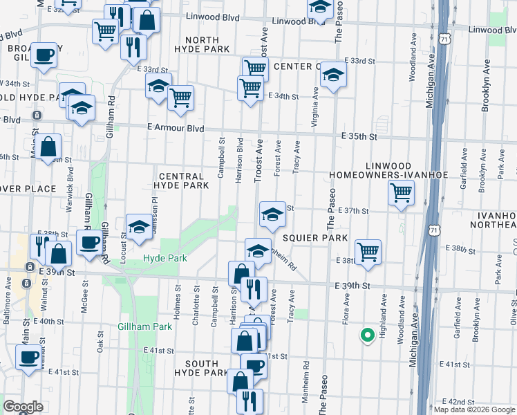 map of restaurants, bars, coffee shops, grocery stores, and more near 3636 Troost Avenue in Kansas City