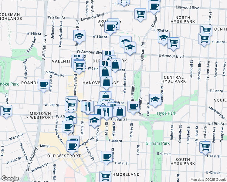 map of restaurants, bars, coffee shops, grocery stores, and more near 3701 Main Street in Kansas City