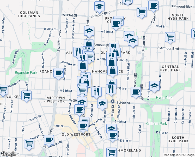 map of restaurants, bars, coffee shops, grocery stores, and more near 219 West 37th Street in Kansas City