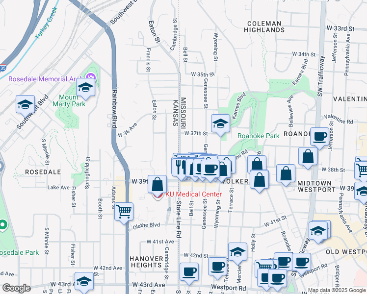 map of restaurants, bars, coffee shops, grocery stores, and more near 3716 Bell Street in Kansas City