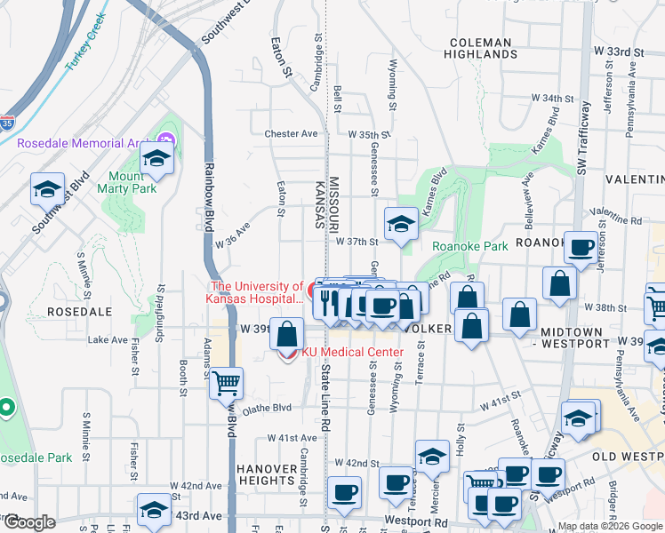 map of restaurants, bars, coffee shops, grocery stores, and more near 3716 Bell Street in Kansas City