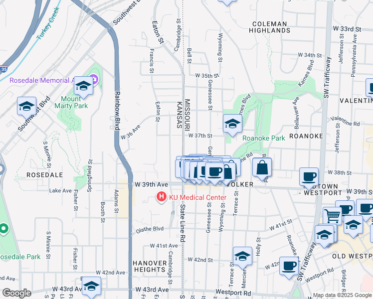 map of restaurants, bars, coffee shops, grocery stores, and more near 3716 Bell Street in Kansas City