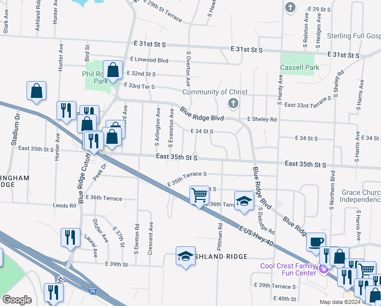 map of restaurants, bars, coffee shops, grocery stores, and more near 3416 South Overton Avenue in Independence