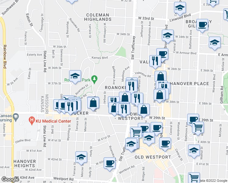 map of restaurants, bars, coffee shops, grocery stores, and more near W 37th St & Belleview Ave in Kansas City