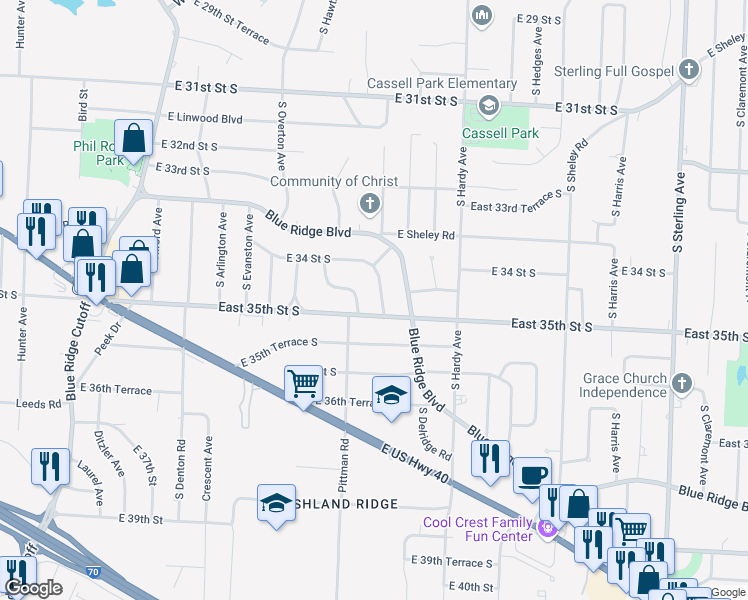 map of restaurants, bars, coffee shops, grocery stores, and more near 3412 South Cedar Avenue in Independence