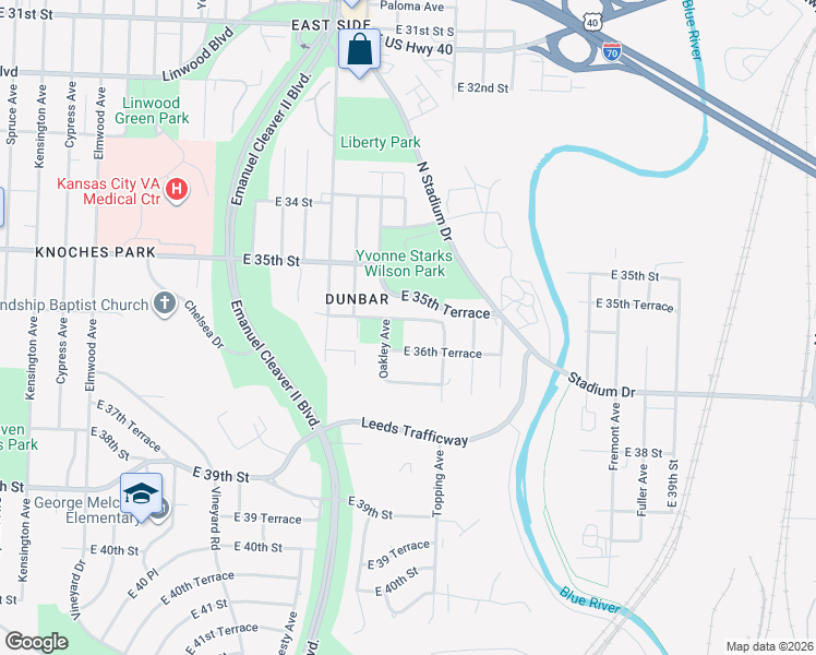 map of restaurants, bars, coffee shops, grocery stores, and more near 5614 East 36th Terrace in Kansas City