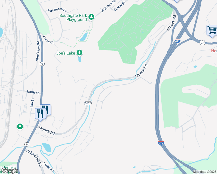 map of restaurants, bars, coffee shops, grocery stores, and more near 46 Woodland Hills Drive in Southgate