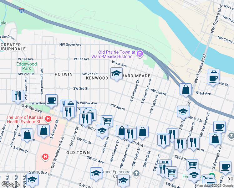 map of restaurants, bars, coffee shops, grocery stores, and more near 1111 Southwest 3rd Street in Topeka