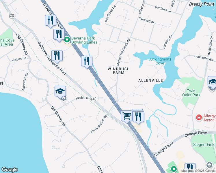 map of restaurants, bars, coffee shops, grocery stores, and more near 801 Gardenia Road in Severna Park