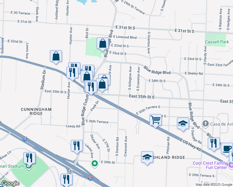 map of restaurants, bars, coffee shops, grocery stores, and more near 9320 East 35th St S in Independence