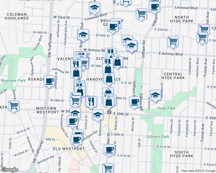 map of restaurants, bars, coffee shops, grocery stores, and more near 3710 Main Street in Kansas City