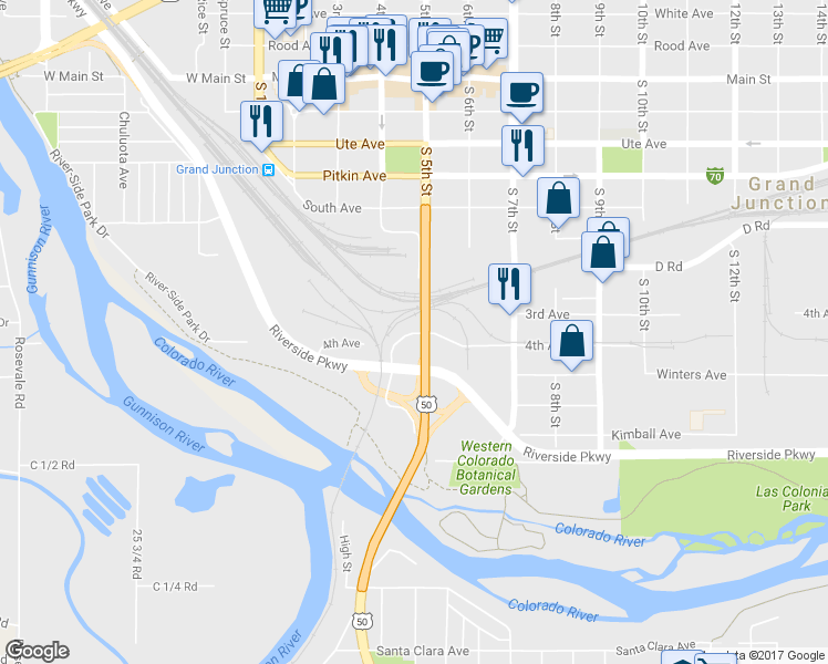 map of restaurants, bars, coffee shops, grocery stores, and more near 480 4th Avenue in Grand Junction