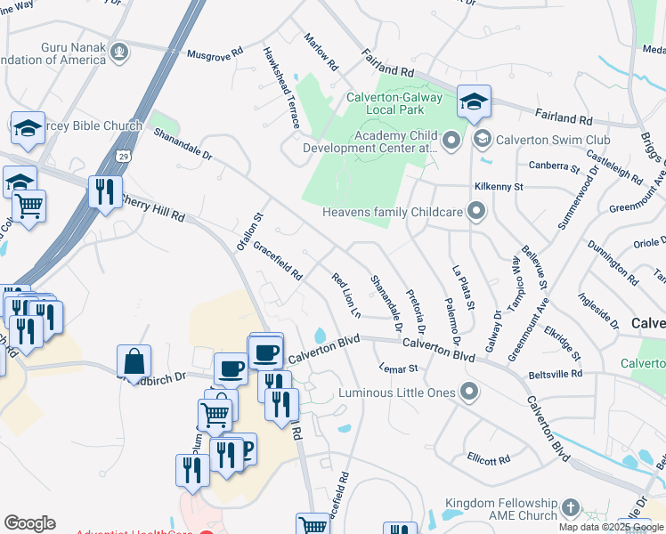 map of restaurants, bars, coffee shops, grocery stores, and more near 2904 Red Lion Lane in Silver Spring