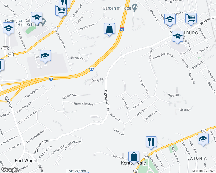 map of restaurants, bars, coffee shops, grocery stores, and more near 922 Highland Pike in Covington