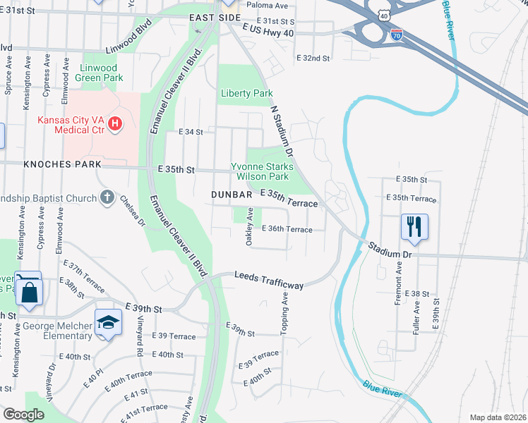 map of restaurants, bars, coffee shops, grocery stores, and more near 5614 East 36th Terrace in Kansas City