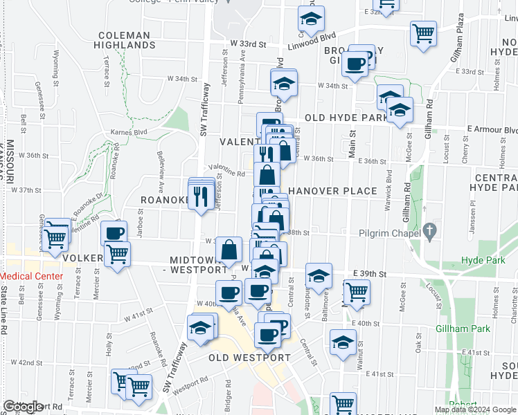 map of restaurants, bars, coffee shops, grocery stores, and more near 3736 Broadway Boulevard in Kansas City