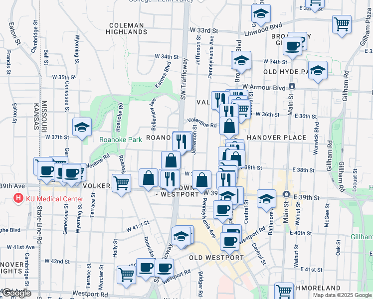 map of restaurants, bars, coffee shops, grocery stores, and more near 3678 Jefferson Street in Kansas City