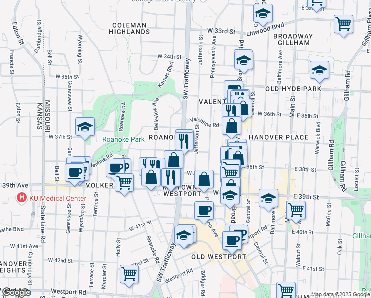 map of restaurants, bars, coffee shops, grocery stores, and more near 3678 Jefferson Street in Kansas City