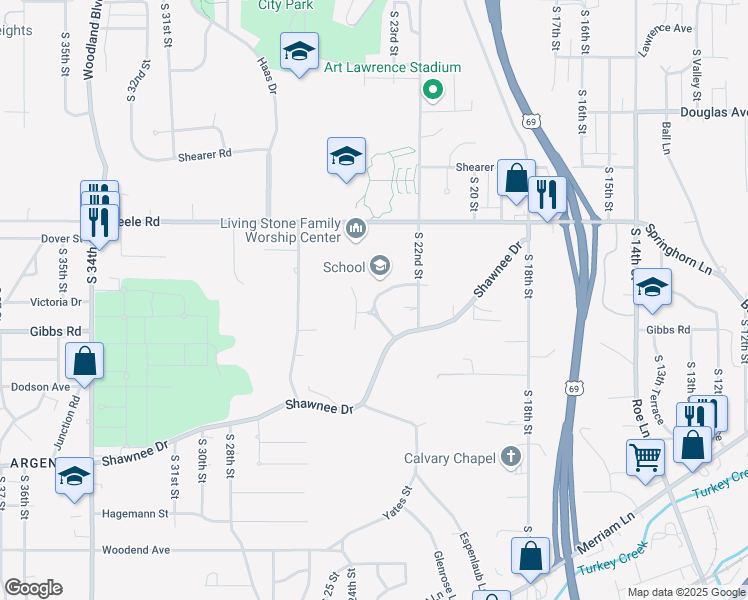 map of restaurants, bars, coffee shops, grocery stores, and more near 2312 Victoria Drive in Kansas City