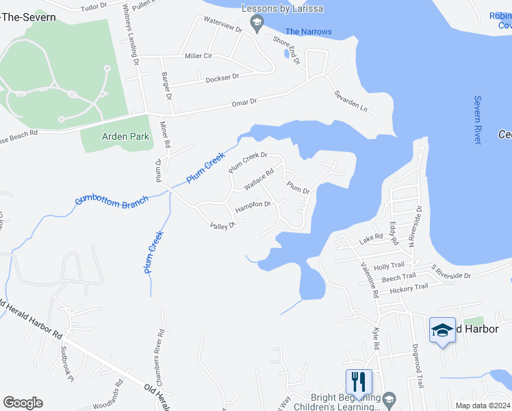 map of restaurants, bars, coffee shops, grocery stores, and more near 1059 Hampton Drive in Crownsville