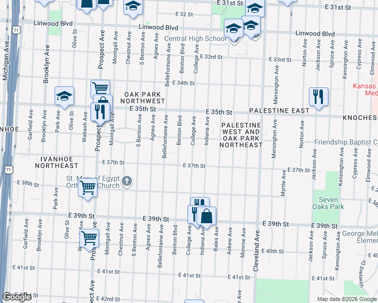 map of restaurants, bars, coffee shops, grocery stores, and more near 3617 College Avenue in Kansas City