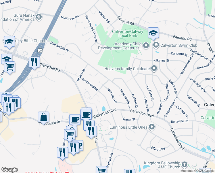 map of restaurants, bars, coffee shops, grocery stores, and more near 2904 Red Lion Lane in Silver Spring