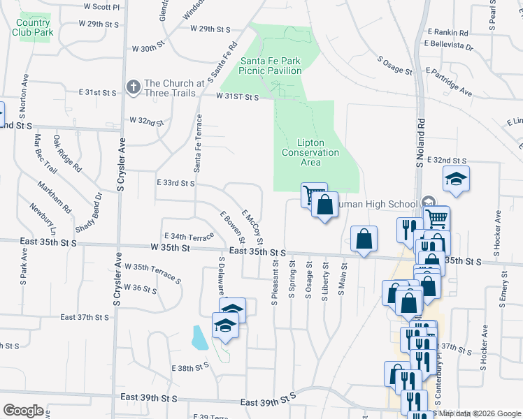 map of restaurants, bars, coffee shops, grocery stores, and more near 12913 East 33rd Street South in Independence