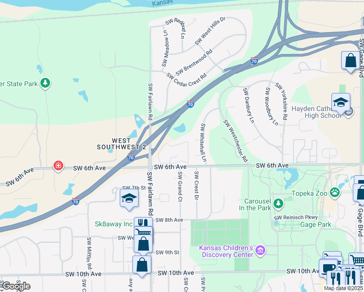 map of restaurants, bars, coffee shops, grocery stores, and more near 4712 Southwest 6th Avenue in Topeka