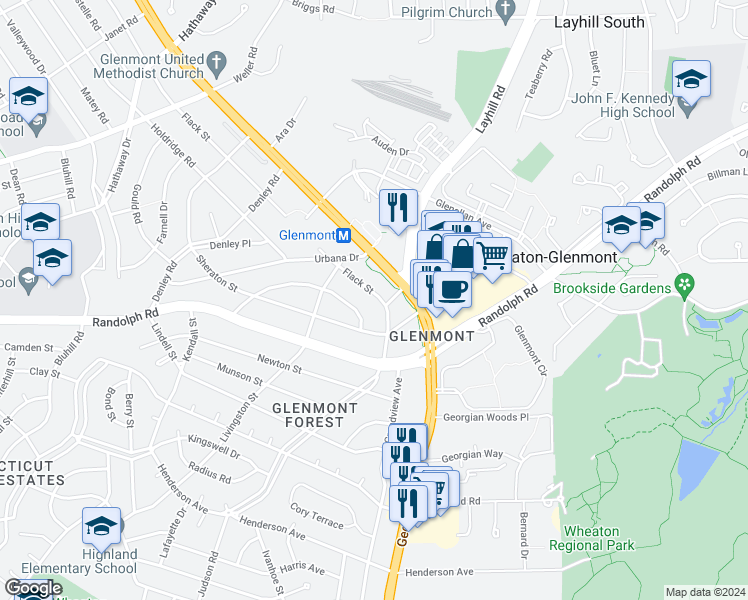 map of restaurants, bars, coffee shops, grocery stores, and more near 12402 Flack Street in Silver Spring