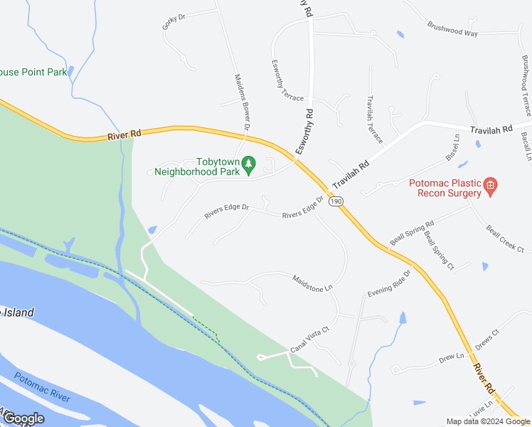 map of restaurants, bars, coffee shops, grocery stores, and more near 12405 Rivers Edge Drive in Potomac