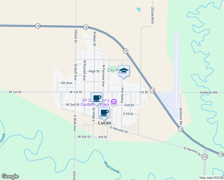 map of restaurants, bars, coffee shops, grocery stores, and more near 222 1st Street in Lucas