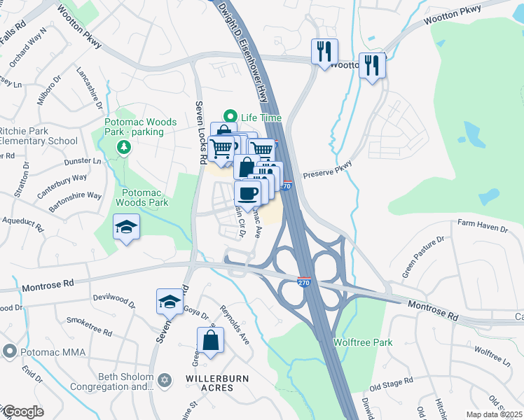 map of restaurants, bars, coffee shops, grocery stores, and more near 12435 Park Potomac Avenue in Potomac