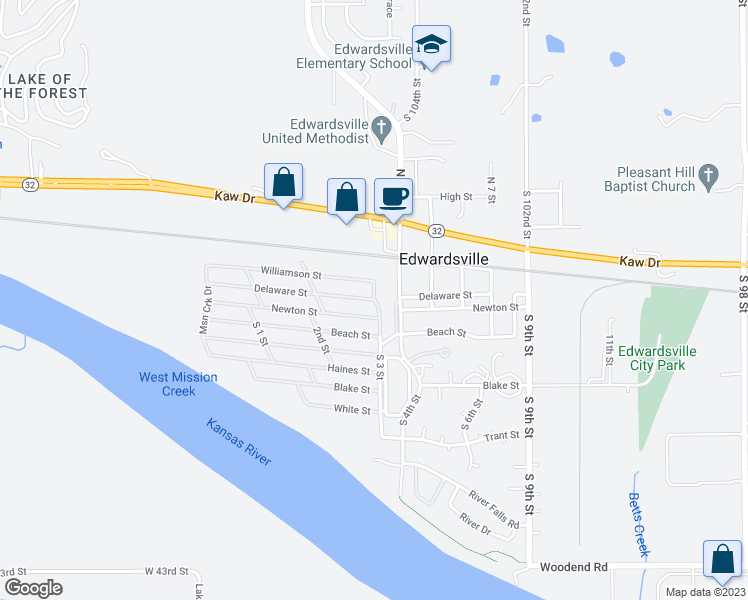 map of restaurants, bars, coffee shops, grocery stores, and more near Delaware Street in Edwardsville