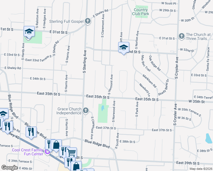 map of restaurants, bars, coffee shops, grocery stores, and more near 3405 South Claremont Avenue in Independence