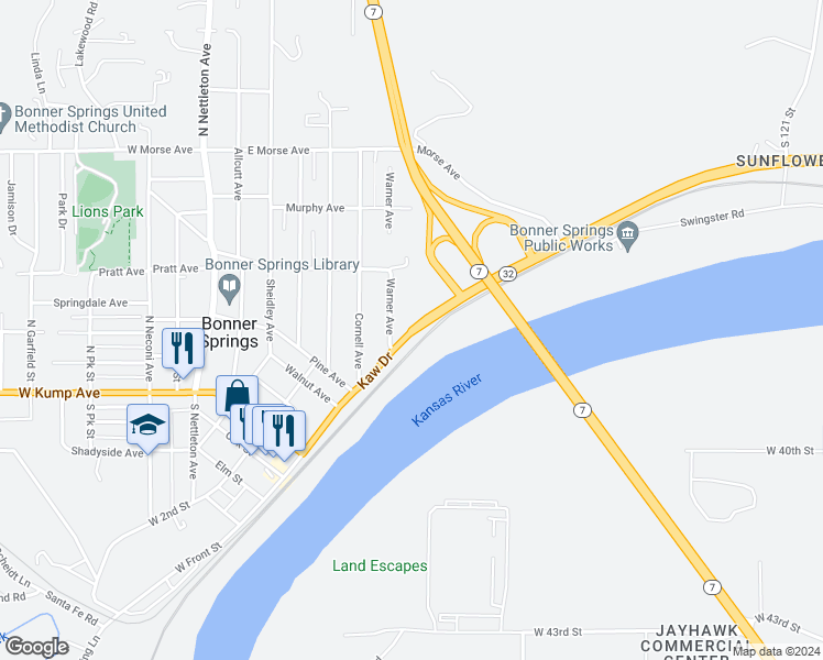 map of restaurants, bars, coffee shops, grocery stores, and more near Kaw Valley Scenic Highway in Bonner Springs