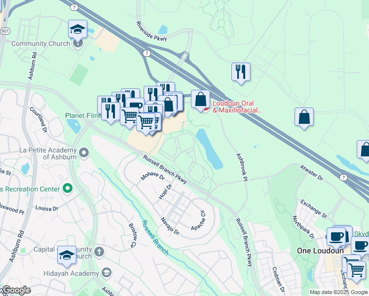 map of restaurants, bars, coffee shops, grocery stores, and more near 20087 Silver Creek Terrace in Ashburn