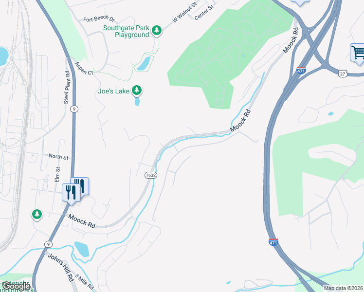 map of restaurants, bars, coffee shops, grocery stores, and more near 46 Woodland Hills Drive in Southgate