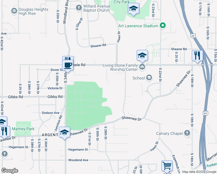 map of restaurants, bars, coffee shops, grocery stores, and more near 2220 South 29th Street in Kansas City