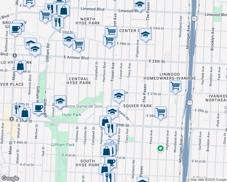 map of restaurants, bars, coffee shops, grocery stores, and more near 3636 Troost Avenue in Kansas City