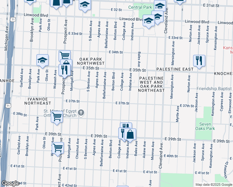 map of restaurants, bars, coffee shops, grocery stores, and more near 3615 Benton Boulevard in Kansas City