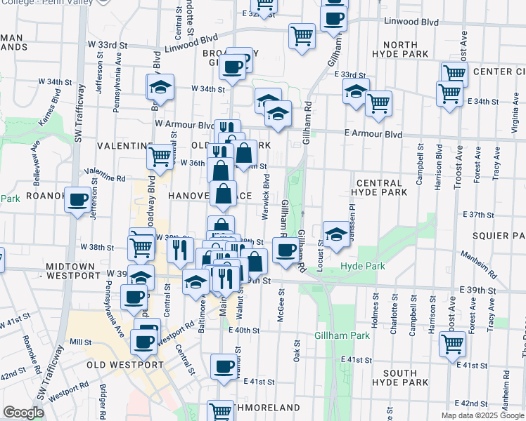 map of restaurants, bars, coffee shops, grocery stores, and more near 3702 East 37th Street in Kansas City