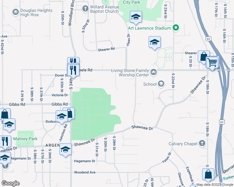 map of restaurants, bars, coffee shops, grocery stores, and more near 2220 South 29th Street in Kansas City