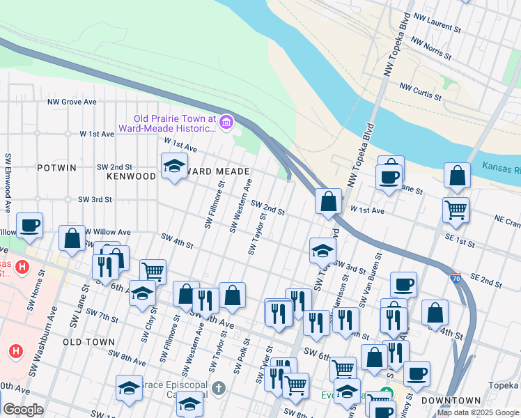 map of restaurants, bars, coffee shops, grocery stores, and more near 712 Southwest 2nd Street in Topeka